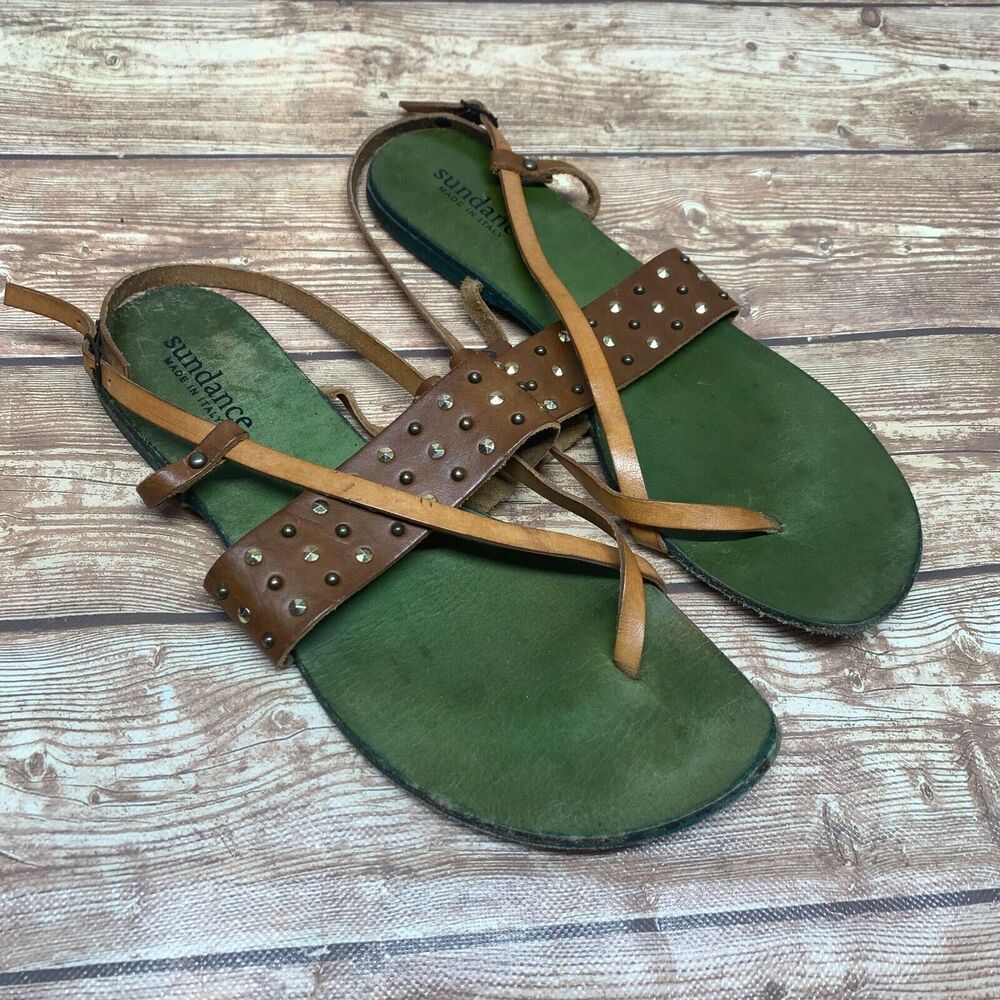 Sundance Boho Studded Leather Thong Sandals Womens Size 10 EU 41 Flat Gladiator
